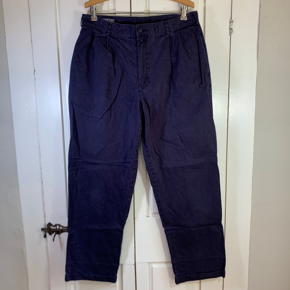 Lands End Mens Navy Blue Pleated Front Cuffed Cotton Chino Trousers Size 34 READ